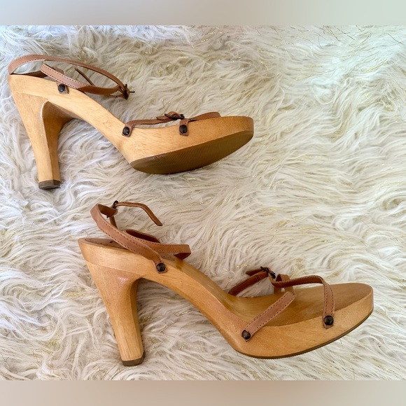 Vintage MIA Wooden Platform Heel Sandals Size 10 – Strappy Leather Ankle Strap - Picture 1 of 9